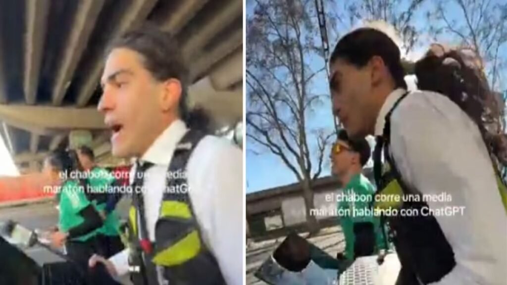 Un joven corre una maratón mientras consulta a ChatGPT en tiempo real