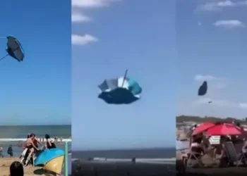 Torbellino sorprende a veraneantes en Valeria del Mar: sombrillas volaron y cundió el pánico