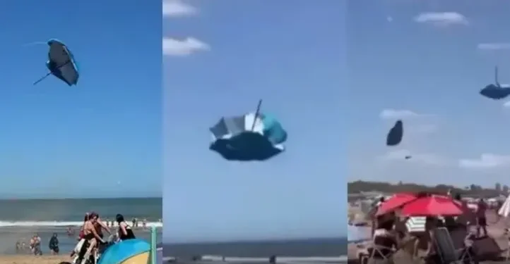 Torbellino sorprende a veraneantes en Valeria del Mar: sombrillas volaron y cundió el pánico